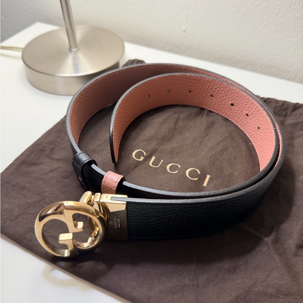 Gucci Black and Pink Belt with Gold GG Buckle